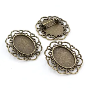 Detailed macro view of vintage bronze alloy brooch base with filigree lace edge