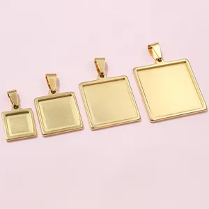 Détails de quatre tailles de supports de pendentif carrés dorés en acier pour bijoux DIY