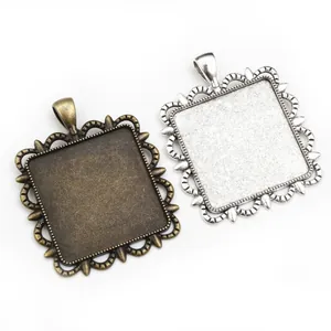 Vintage 30mm square alloy pendant base with hollow lace edge for DIY jewelry making