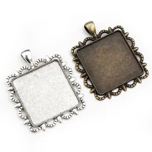 Vintage Square Zinc Alloy Pendant Base With Hollow Lace Border For DIY Jewelry Making Necklaces Findings Women Jewelry