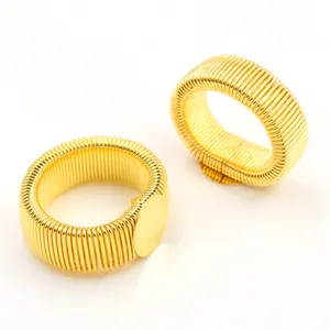 Set of two gold elastic rings with 12mm bezel base and textured spring coil design