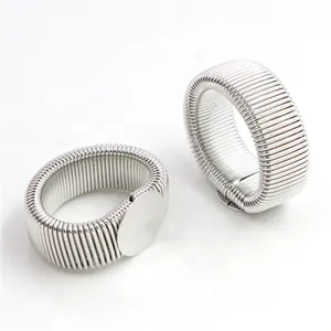 Silver stretch spring rings with 12mm flat bezel base for DIY jewelry making sets