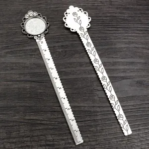 Antique silver alloy ruler bookmarks with 20mm round bezel and rose floral relief