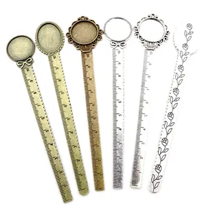 Retro Zinc Alloy Bookmark Ruler With Cabochon Tray Setting For DIY Jewelry Making Vintage Floral Pattern Stationery Accessory