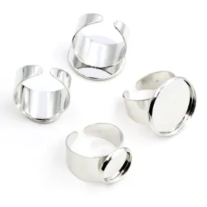 Polished silver adjustable ring bases for DIY jewelry making with round bezel trays
