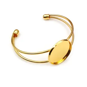 Polished gold brass bangle base with round bezel tray for DIY jewelry making and crafts