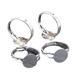 Verstellbare silberfarbene DIY Ringrohlinge mit flacher runder Fassung für Schmuck