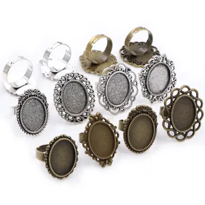 Vintage Zinc Alloy Oval Adjustable Ring Base Setting For DIY Jewelry Making Handmade Antique Silver Bronze Black Cabochon Ring Tray Findings