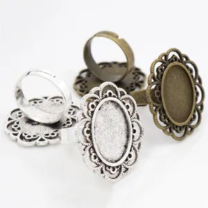 Close-up of vintage oval alloy ring base with filigree hollow pattern and open design