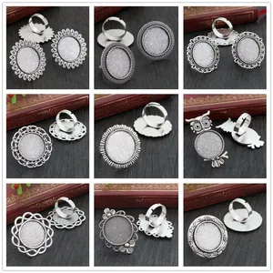 Antique silver alloy ring bases with 20mm round and oval trays for DIY jewelry making