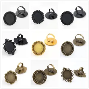 Nine styles of 20mm adjustable alloy ring bases for DIY jewelry making in multiple finishes