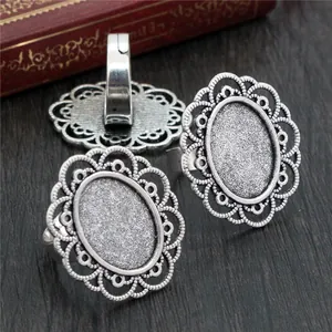 Antique silver oval alloy ring base with 13x18mm lace bezel and adjustable band