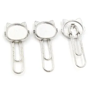 Detailed silver cat-shaped paperclip bookmark with DIY round gemstone tray base