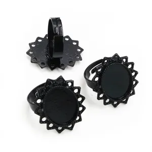 Three pieces of matte black oval adjustable ring bases with decorative lace edges for DIY jewelry