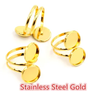 DIY gold stainless steel adjustable ring with double cabochon base for jewelry making