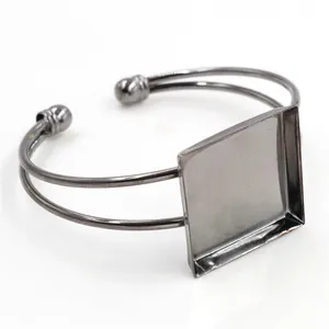 Deep grey double-wire open cuff bracelet with 25mm square bezel tray for DIY jewelry