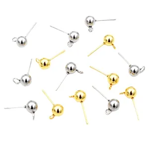 Polished stainless steel ball stud earrings with loop in gold and silver for DIY jewelry