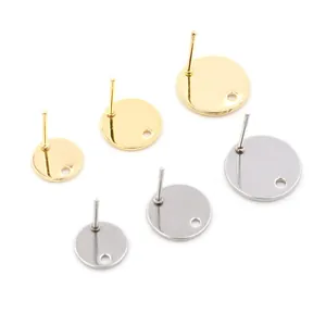 Flat stainless steel earring studs with loop in gold and silver finishes, three sizes