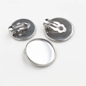 Silver stainless steel DIY clip-on earring bases with round flat trays for jewelry making