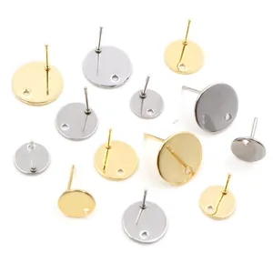 Flat round stainless steel earring studs with hanging hole in gold and silver finish