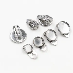 Close-up of stainless steel clip-on earring bases in various sizes for DIY jewelry