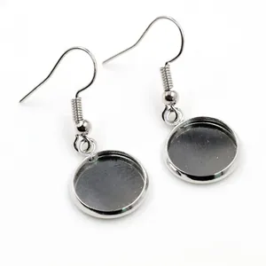 Silver round bezel tray earring hooks for DIY jewelry making and gemstone settings