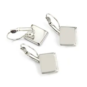 Silver square leverback earring hooks for DIY jewelry making with recessed tray base