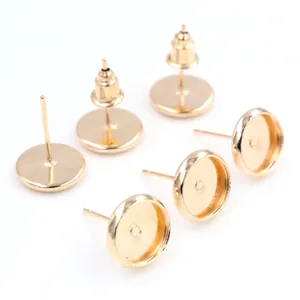 Multiple views of gold plated stainless steel earring stud bases for DIY jewelry making