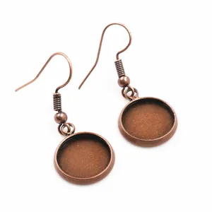 Red copper French ear wire hooks with flat round tray base for DIY jewelry making