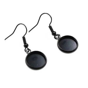 Detail of 12mm black metal earring hooks with round flat base for DIY jewelry making