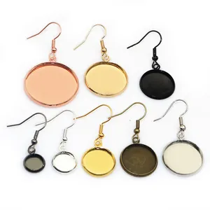Round Bezel Tray Earring Hooks DIY Jewelry Finding Literary Vintage Iron Metal Base Multiple Plated Colors For Earring Making