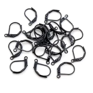 Macro detail of black leverback earring hooks with spring closure for DIY jewelry making