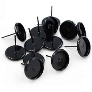 Bulk 10mm flat pad earring posts in glossy black finish for DIY jewelry making