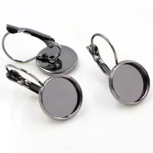Three gunmetal French leverback ear hooks with round bezel trays for DIY jewelry making