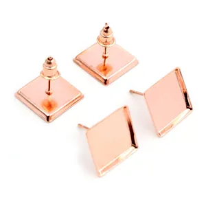 Rose gold square 12mm stud earring bases with blank tray settings for jewelry DIY