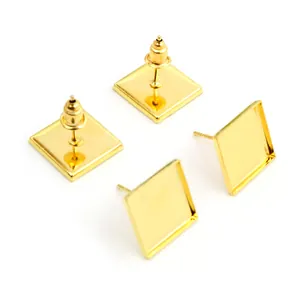 Golden 12mm square tray stud earring base posts for DIY jewelry making 4 pieces