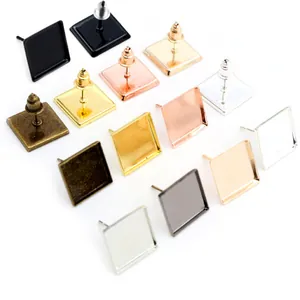 12mm Square Bezel Earring Posts For DIY Jewelry Making Iron Metal Blank Bases For Crafts Handmade Earring Findings Accessories
