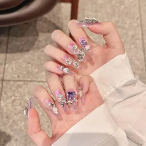 Handmade Purple Pink Gradient Press On Nails Long Coffin Fake Nails With Heart Zirconia Butterfly Rhinestone For Women Party