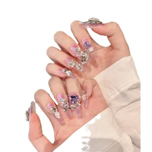 Handmade gradient purple press-on nails with 3D butterfly, hearts, and rhinestones