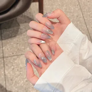 Handmade Grey Blue Cat Eye Press On Nails Long Almond French Style Rhinestone Artificial Pearl Elegant Fake Nails For Women Party