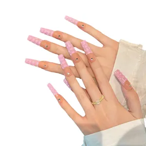 Extra long square press-on nails with pink 3D crocodile texture and crystal accent