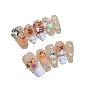 Handmade capybara press-on nails with long coffin shape, 3D charms and coffee plaid pattern