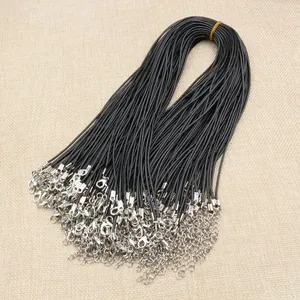 Cordón de collar de cera negra de 1,5 mm con cierre de langosta plateado y cadena ajustable