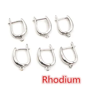 Close-up of 6 rhodium-plated copper U-shape earring hooks for DIY jewelry making