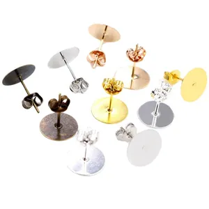 Flat round pad stud earring posts with butterfly backs in mixed metallic colors for DIY jewelry