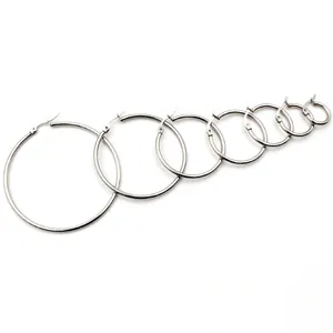 Polished silver stainless steel hoop earrings in seven various diameter sizes