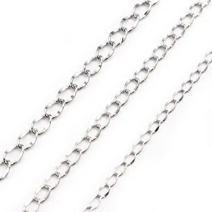 Polished silver stainless steel flat oval link chain for DIY jewelry making and crafts