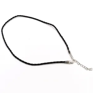 3mm black braided twist necklace cord with silver lobster clasp and extension chain