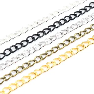 Flat round metal link chains in silver, black, bronze, and gold for DIY jewelry making