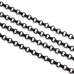 Detail of glossy black O-link rolo chain for DIY jewelry making and craft supplies